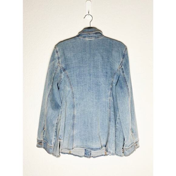 Chico's Womens Embroidered Floral Jean Jacket Shacket Stretch Welt/Chest Pockets - Picture 6 of 15